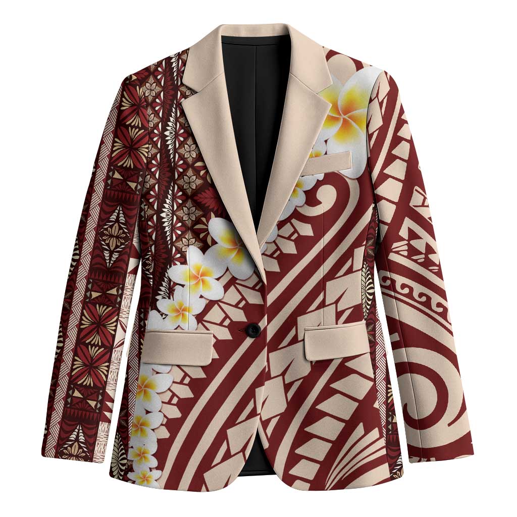 Red Vintage Tonga Ngatu Pattern With Plumeria Blazer - Polynesian Pride