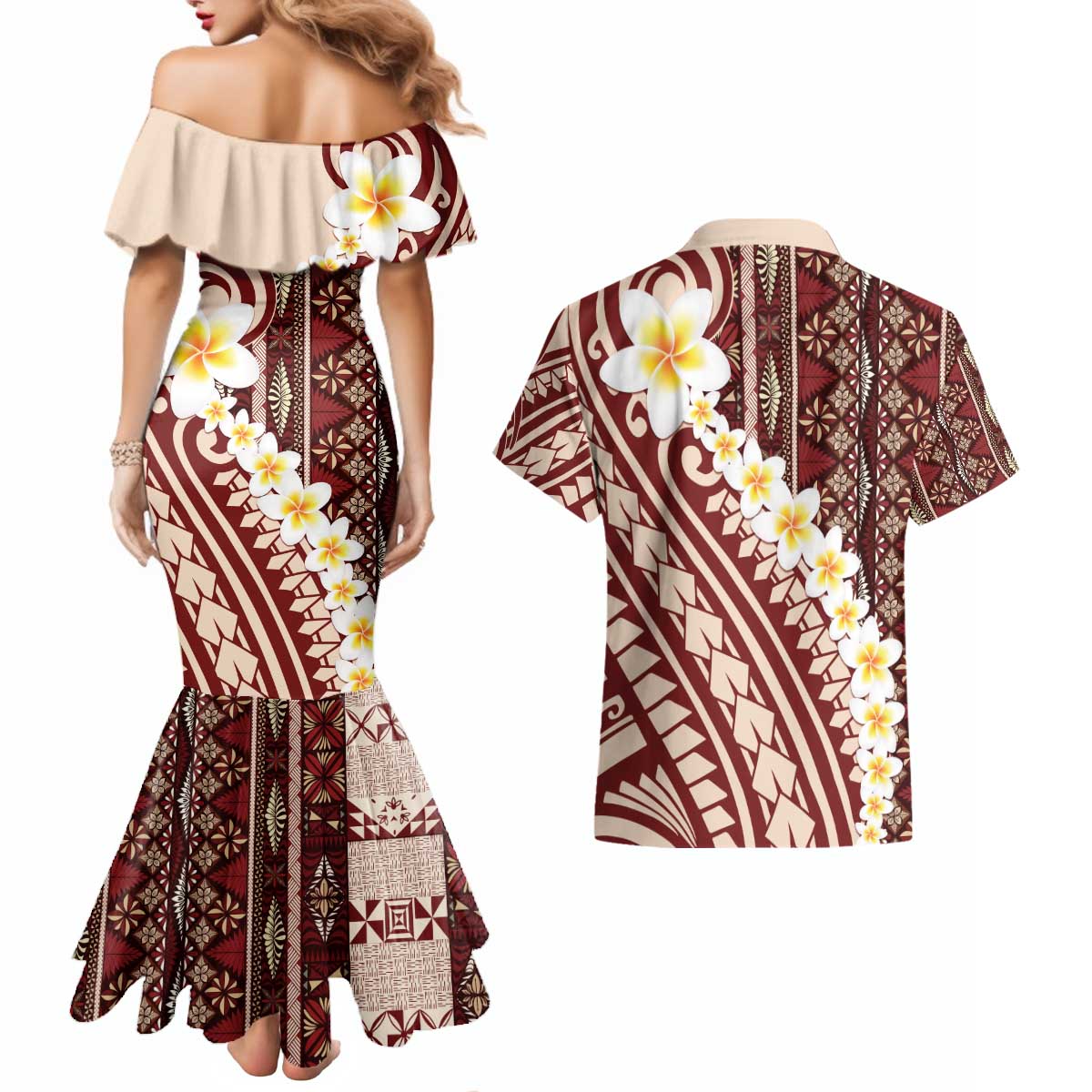 Red Vintage Tonga Ngatu Pattern With Plumeria Couples Matching Mermaid Dress and Hawaiian Shirt - Polynesian Pride
