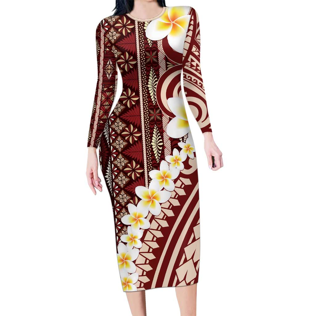 Red Vintage Tonga Ngatu Pattern With Plumeria Family Matching Long Sleeve Bodycon Dress and Hawaiian Shirt LT05 Mom's Dress Red - Polynesian Pride