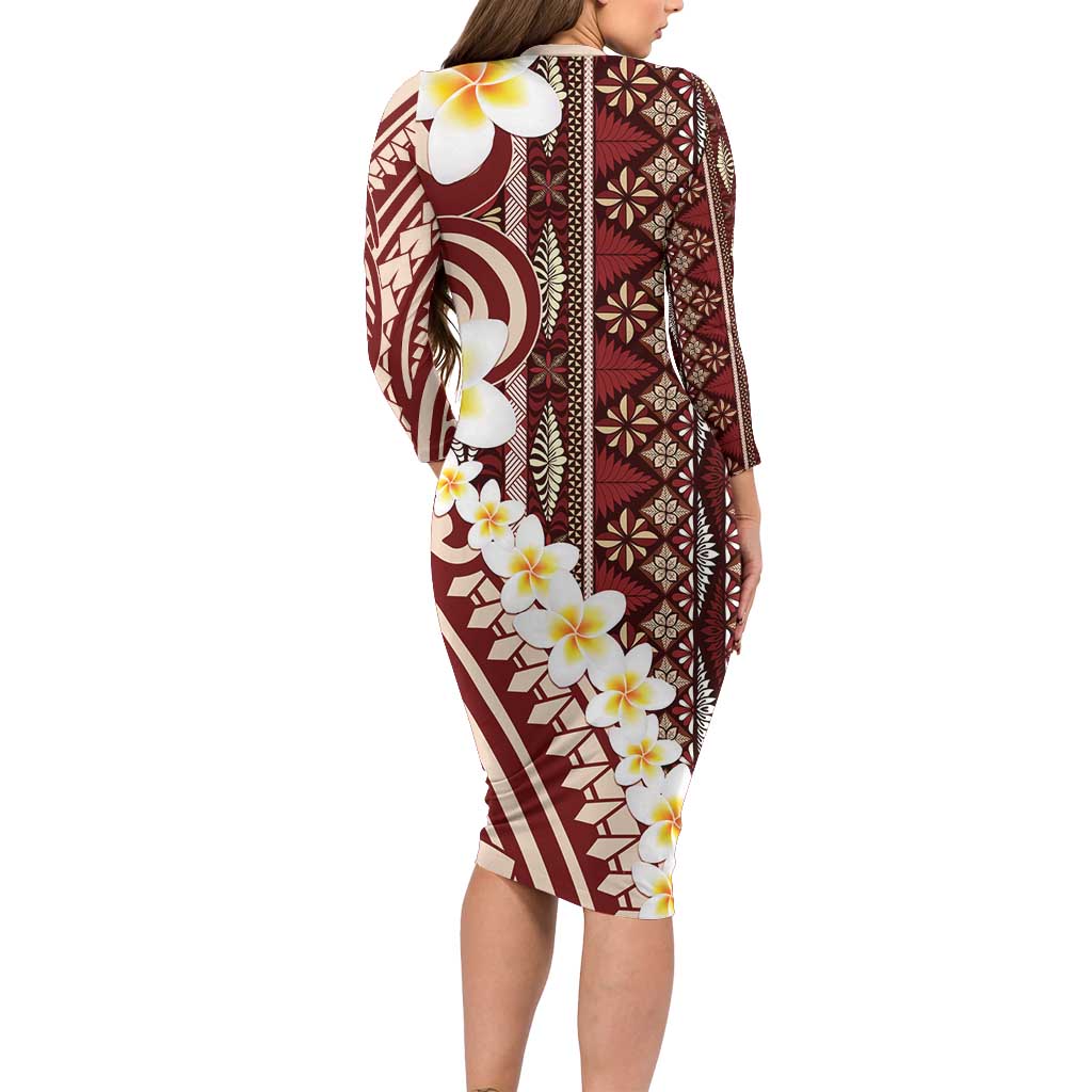 Red Vintage Tonga Ngatu Pattern With Plumeria Family Matching Long Sleeve Bodycon Dress and Hawaiian Shirt LT05 - Polynesian Pride