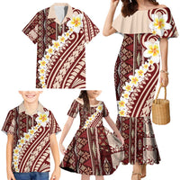 Red Vintage Tonga Ngatu Pattern With Plumeria Family Matching Mermaid Dress and Hawaiian Shirt LT05 - Polynesian Pride