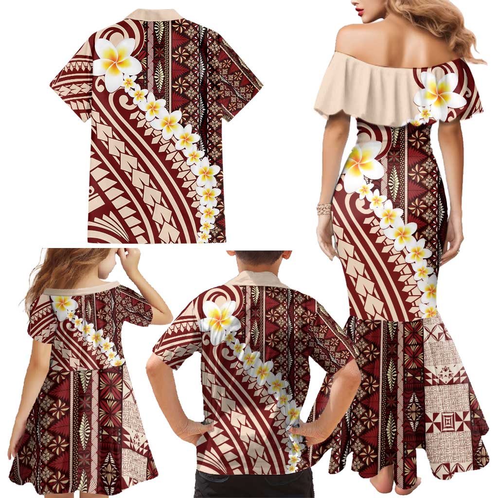 Red Vintage Tonga Ngatu Pattern With Plumeria Family Matching Mermaid Dress and Hawaiian Shirt LT05 - Polynesian Pride