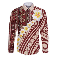 Red Vintage Tonga Ngatu Pattern With Plumeria Family Matching Mermaid Dress and Hawaiian Shirt LT05 Dad's Shirt - Long Sleeve Red - Polynesian Pride