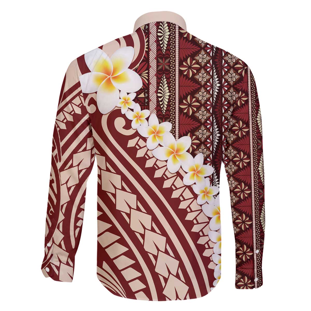 Red Vintage Tonga Ngatu Pattern With Plumeria Family Matching Off The Shoulder Long Sleeve Dress and Hawaiian Shirt LT05 - Polynesian Pride