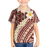 Red Vintage Tonga Ngatu Pattern With Plumeria Family Matching Off The Shoulder Long Sleeve Dress and Hawaiian Shirt LT05 Son's Shirt Red - Polynesian Pride