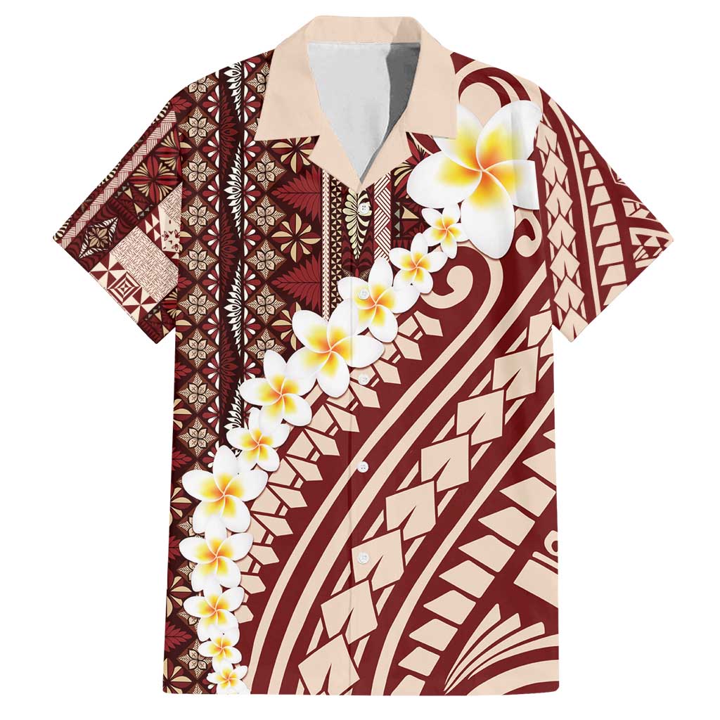 Red Vintage Tonga Ngatu Pattern With Plumeria Family Matching Off Shoulder Maxi Dress and Hawaiian Shirt - Polynesian Pride