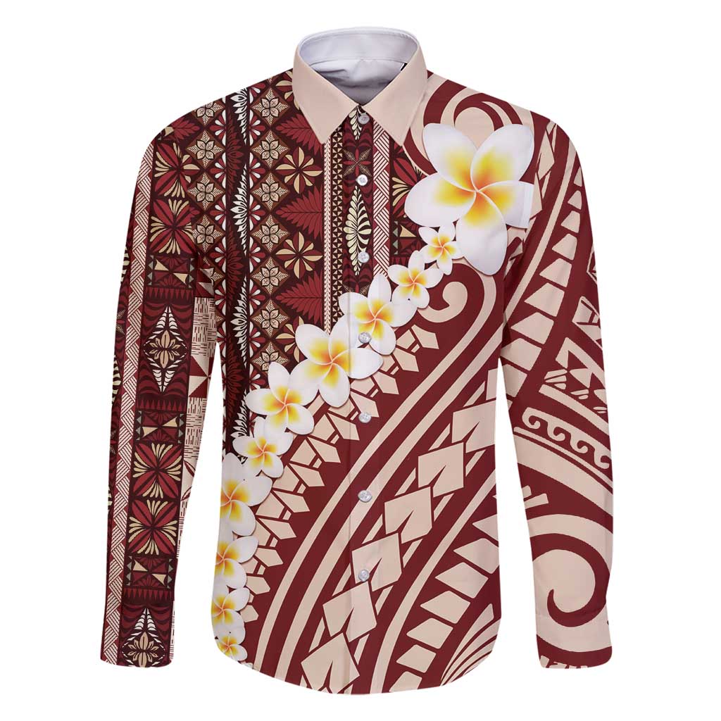 Red Vintage Tonga Ngatu Pattern With Plumeria Family Matching Off Shoulder Maxi Dress and Hawaiian Shirt - Polynesian Pride