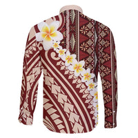 Red Vintage Tonga Ngatu Pattern With Plumeria Family Matching Off Shoulder Maxi Dress and Hawaiian Shirt - Polynesian Pride