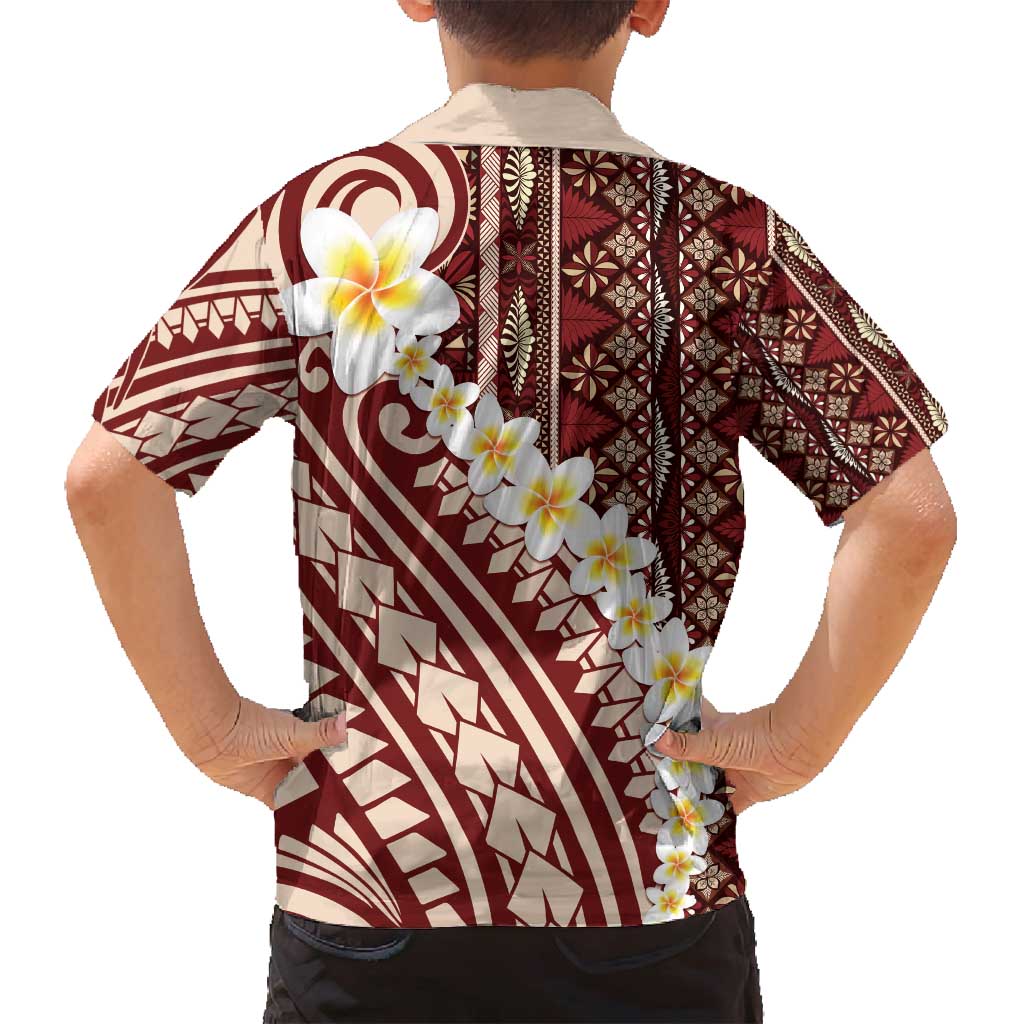 Red Vintage Tonga Ngatu Pattern With Plumeria Family Matching Off Shoulder Short Dress and Hawaiian Shirt - Polynesian Pride