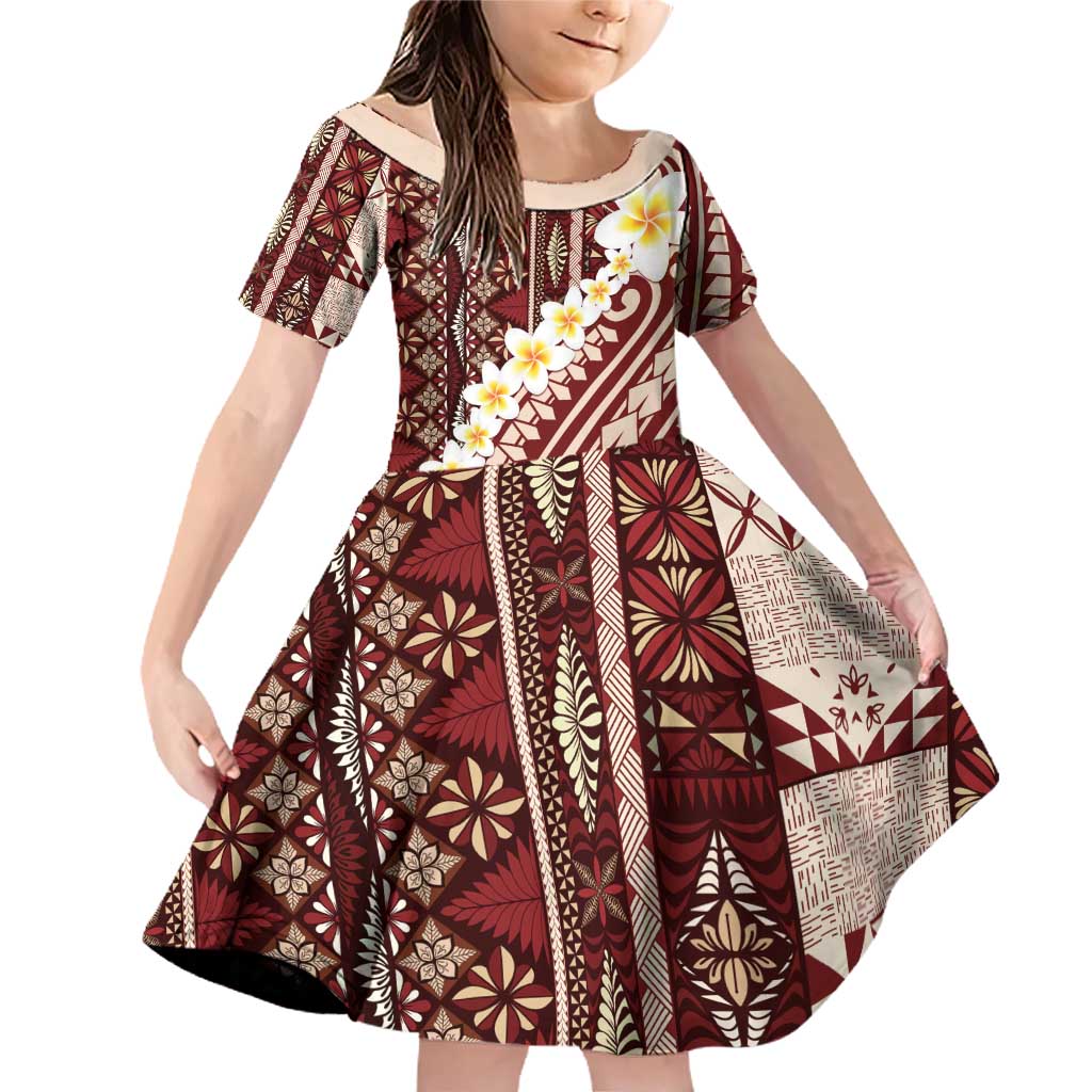 Red Vintage Tonga Ngatu Pattern With Plumeria Family Matching Off Shoulder Short Dress and Hawaiian Shirt - Polynesian Pride