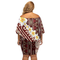 Red Vintage Tonga Ngatu Pattern With Plumeria Family Matching Off Shoulder Short Dress and Hawaiian Shirt - Polynesian Pride