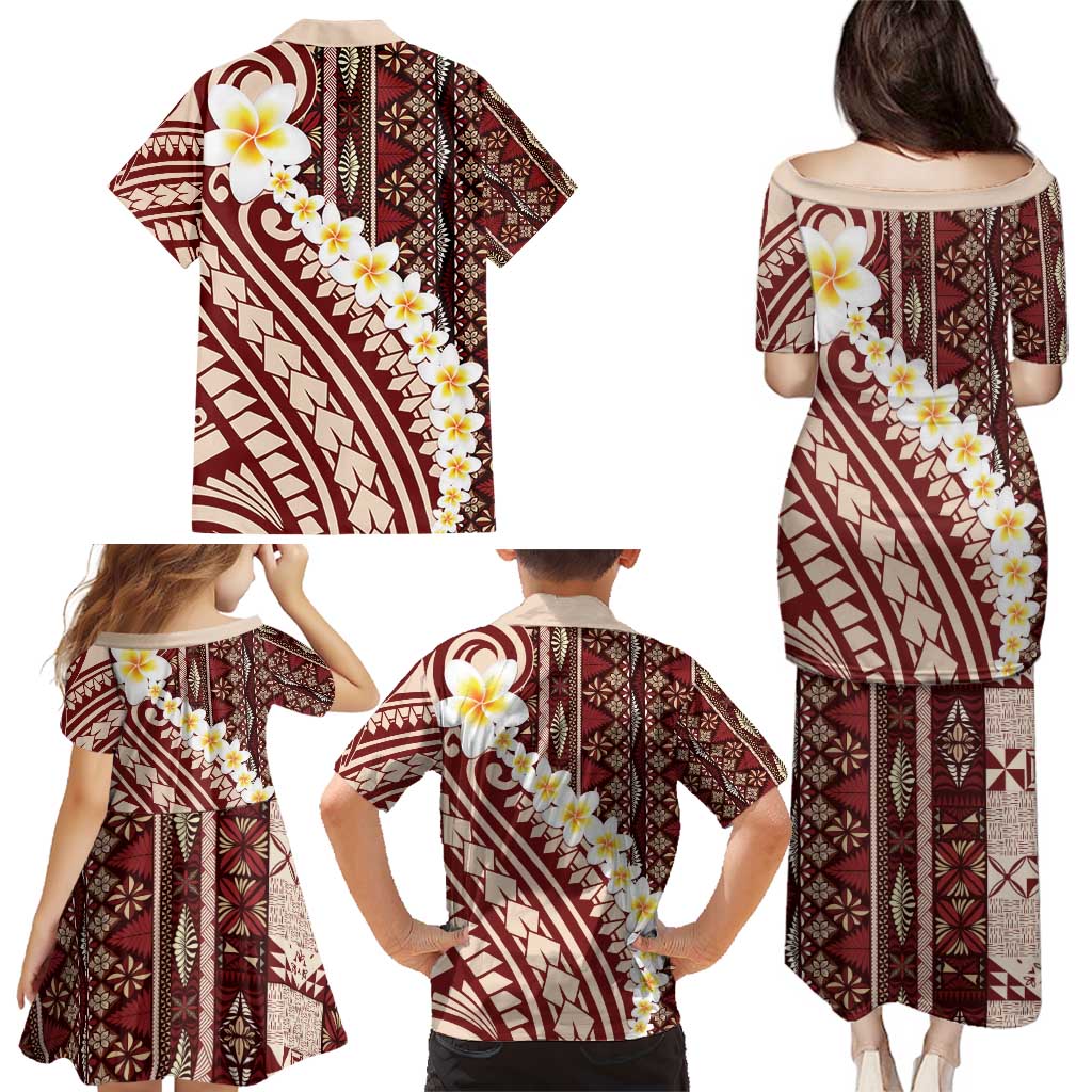 Red Vintage Tonga Ngatu Pattern With Plumeria Family Matching Puletasi and Hawaiian Shirt - Polynesian Pride