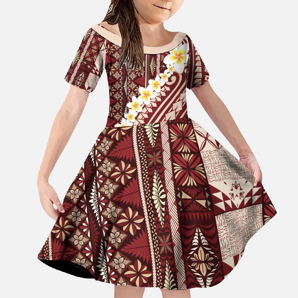 Red Vintage Tonga Ngatu Pattern With Plumeria Family Matching Short Sleeve Bodycon Dress and Hawaiian Shirt LT05 Daughter's Dress Red - Polynesian Pride