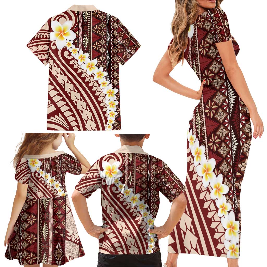 Red Vintage Tonga Ngatu Pattern With Plumeria Family Matching Short Sleeve Bodycon Dress and Hawaiian Shirt LT05 - Polynesian Pride