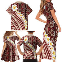 Red Vintage Tonga Ngatu Pattern With Plumeria Family Matching Short Sleeve Bodycon Dress and Hawaiian Shirt LT05 - Polynesian Pride