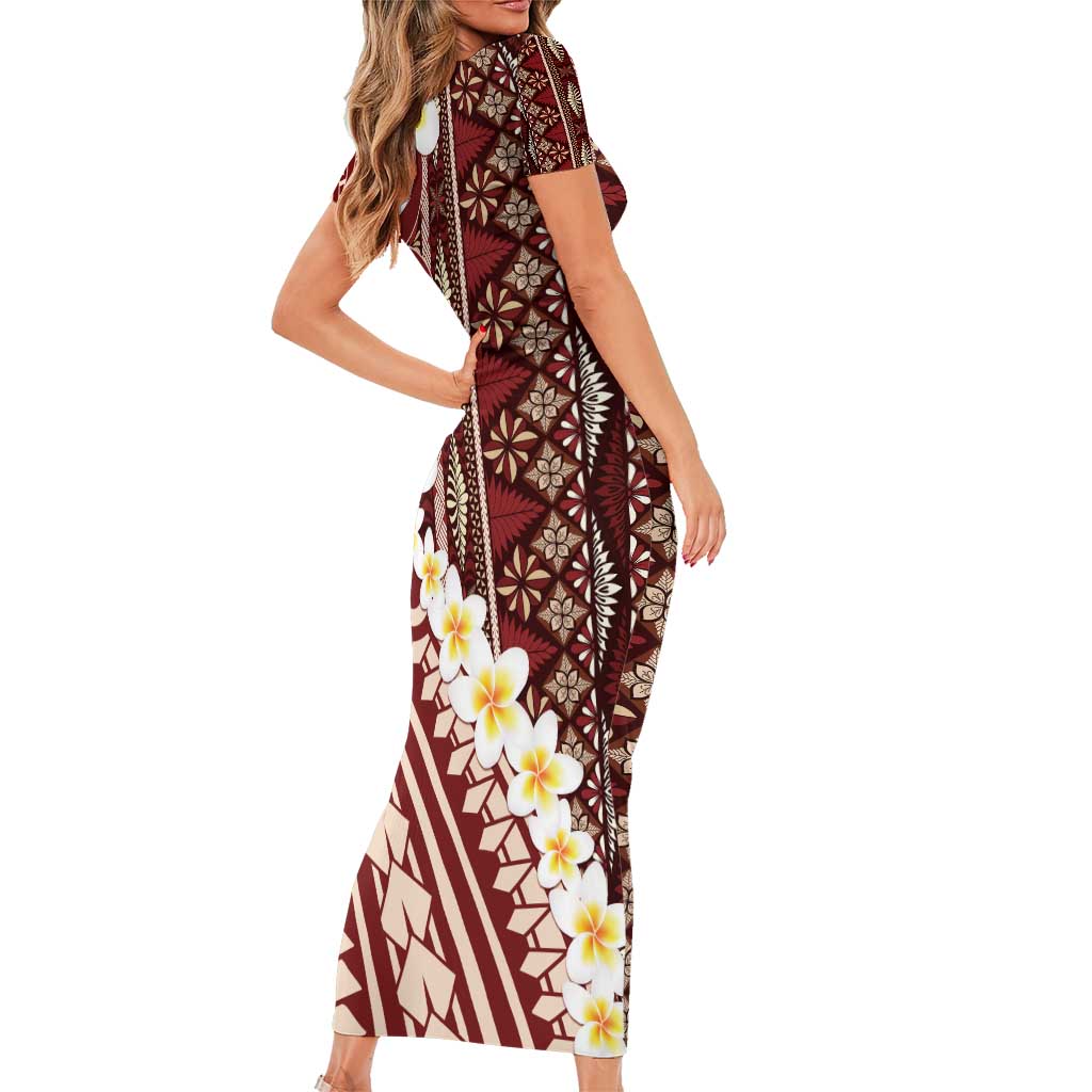 Red Vintage Tonga Ngatu Pattern With Plumeria Family Matching Short Sleeve Bodycon Dress and Hawaiian Shirt LT05 - Polynesian Pride