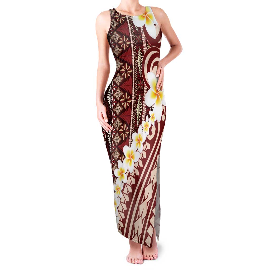 Red Vintage Tonga Ngatu Pattern With Plumeria Family Matching Tank Maxi Dress and Hawaiian Shirt - Polynesian Pride