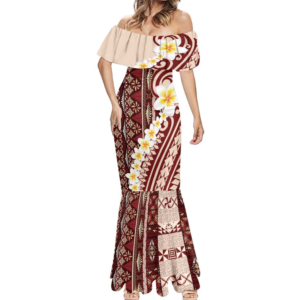 Red Vintage Tonga Ngatu Pattern With Plumeria Mermaid Dress - Polynesian Pride