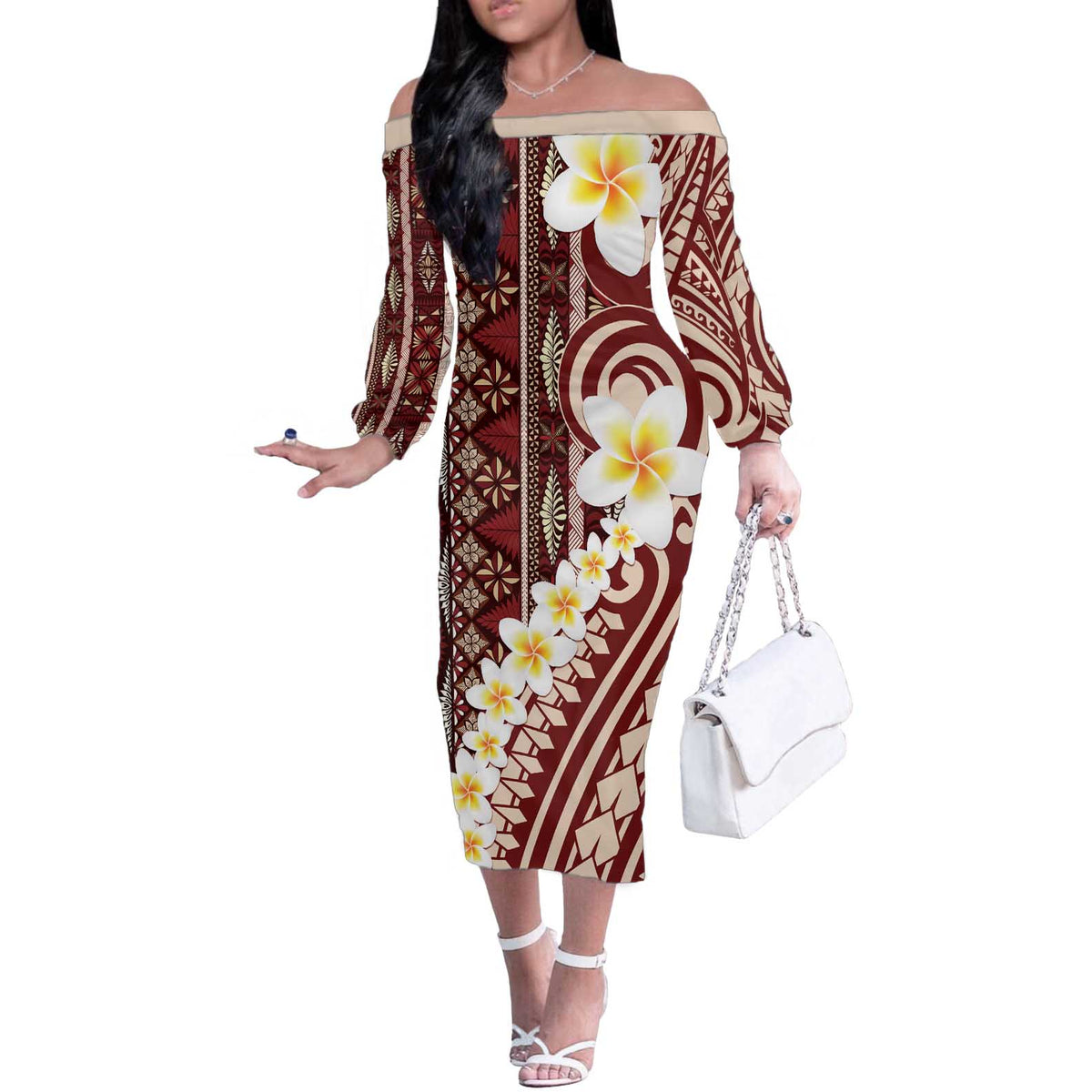 Red Vintage Tonga Ngatu Pattern With Plumeria Off The Shoulder Long Sleeve Dress - Polynesian Pride