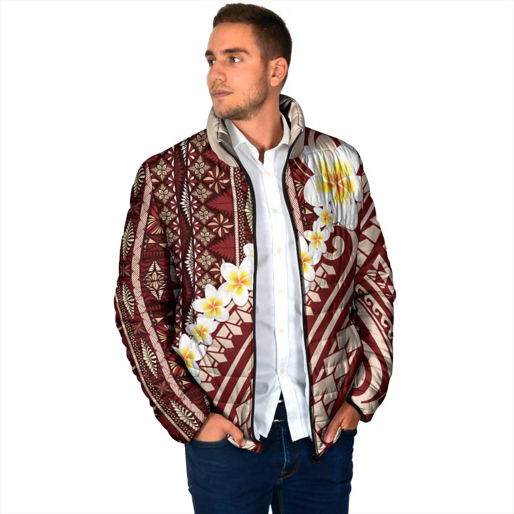 Red Vintage Tonga Ngatu Pattern With Plumeria Padded Jacket - Polynesian Pride