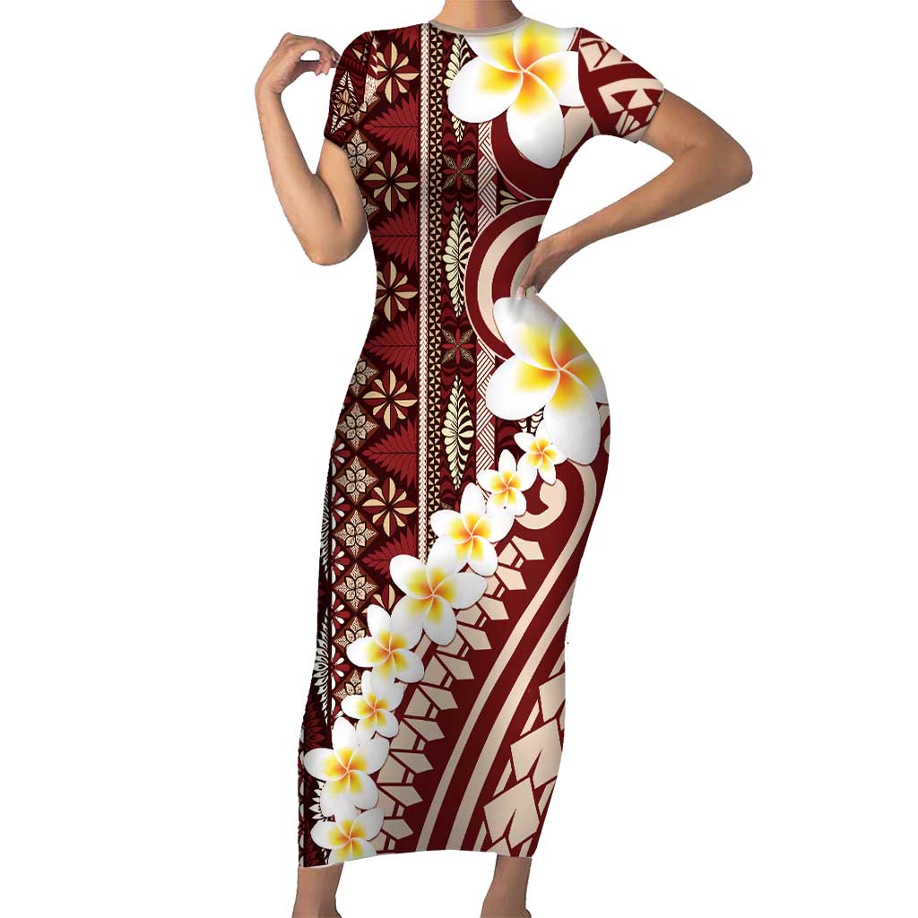 Red Vintage Tonga Ngatu Pattern With Plumeria Short Sleeve Bodycon Dress - Polynesian Pride
