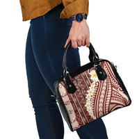 Red Vintage Tonga Ngatu Pattern With Plumeria Shoulder Handbag - Polynesian Pride