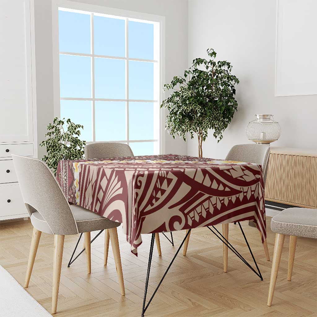 Red Vintage Tonga Ngatu Pattern With Plumeria Tablecloth - Polynesian Pride