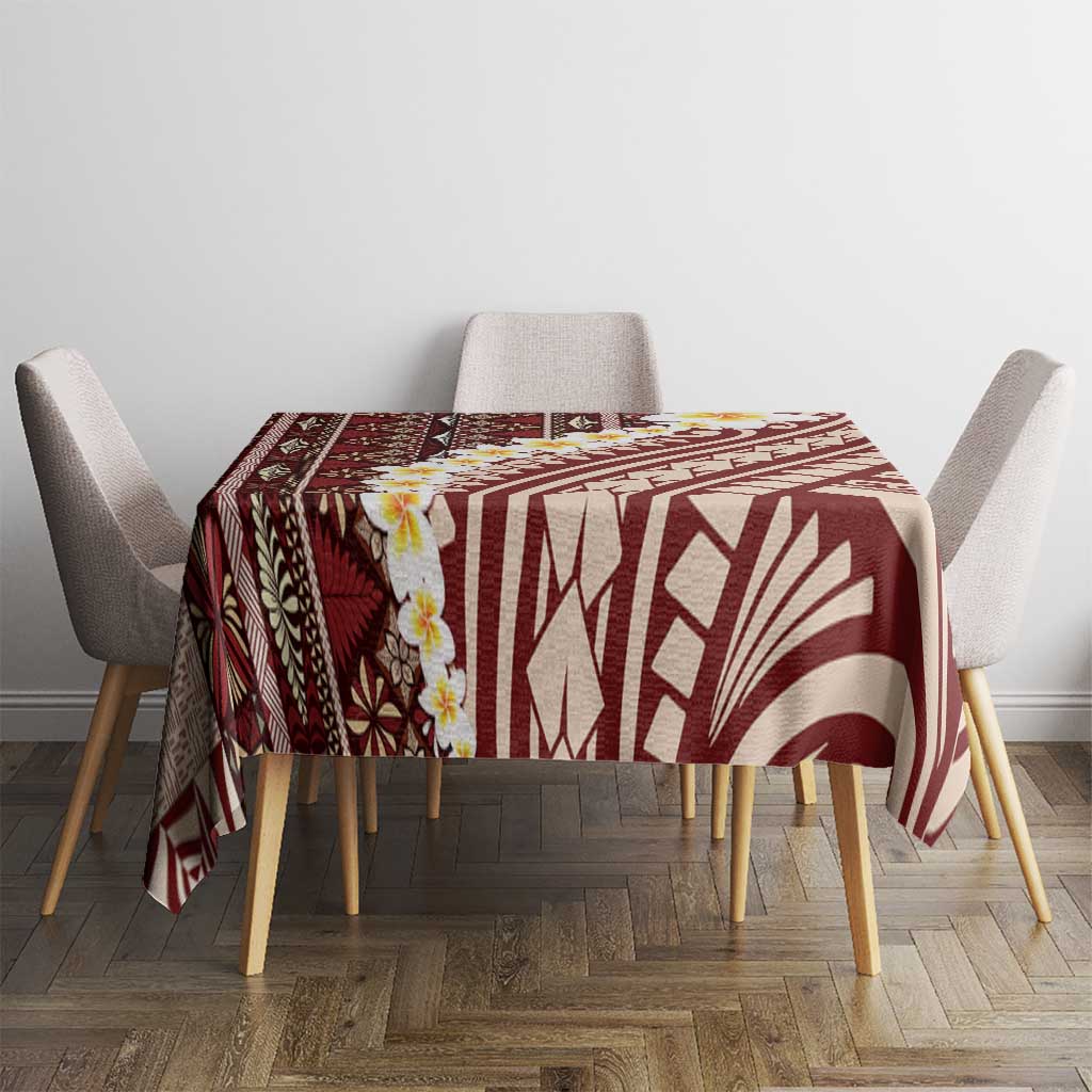Red Vintage Tonga Ngatu Pattern With Plumeria Tablecloth - Polynesian Pride