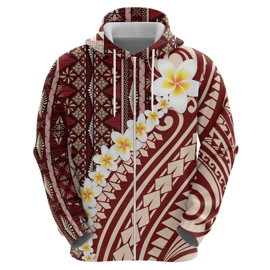 Red Vintage Tonga Ngatu Pattern With Plumeria Zip Hoodie - Polynesian Pride