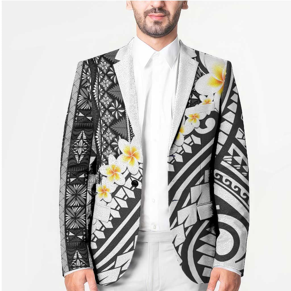 Black Vintage Tonga Ngatu Pattern With Plumeria Blazer - Polynesian Pride