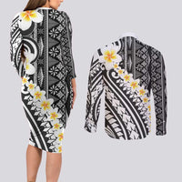 Black Vintage Tonga Ngatu Pattern With Plumeria Couples Matching Long Sleeve Bodycon Dress and Long Sleeve Button Shirt - Polynesian Pride
