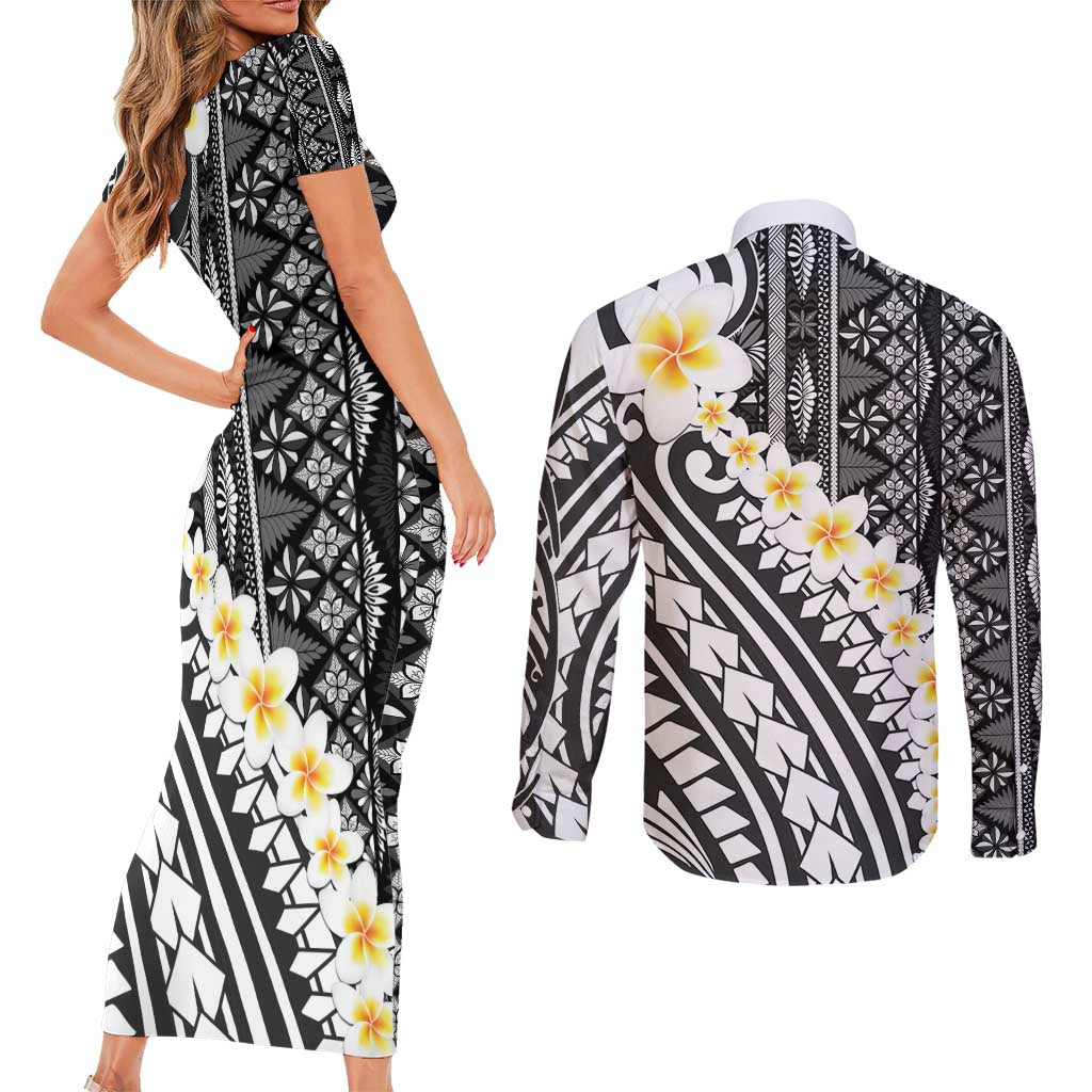 Black Vintage Tonga Ngatu Pattern With Plumeria Couples Matching Short Sleeve Bodycon Dress and Long Sleeve Button Shirt - Polynesian Pride