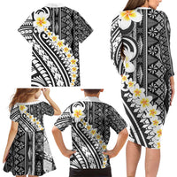 Black Vintage Tonga Ngatu Pattern With Plumeria Family Matching Long Sleeve Bodycon Dress and Hawaiian Shirt LT05 - Polynesian Pride
