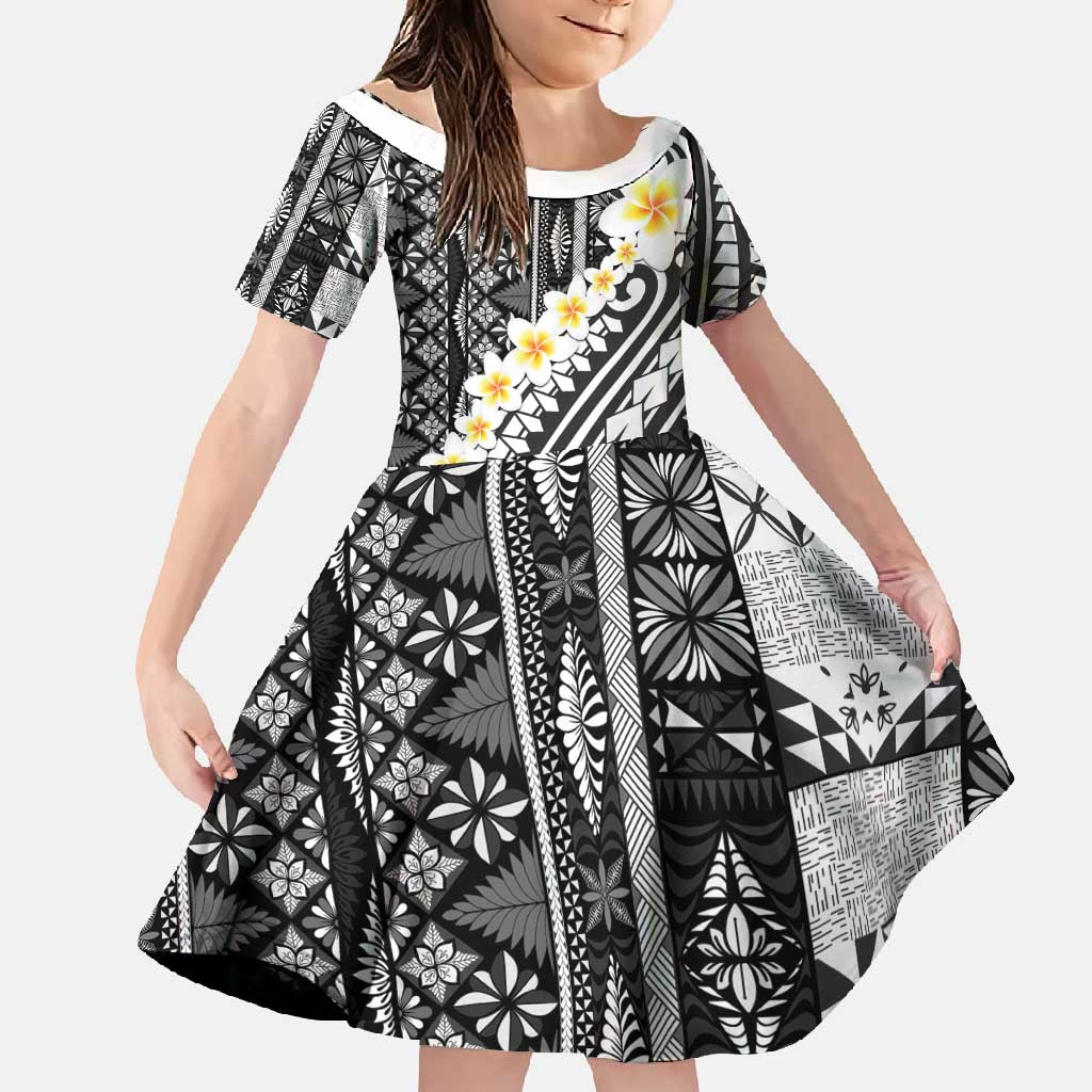 Black Vintage Tonga Ngatu Pattern With Plumeria Family Matching Mermaid Dress and Hawaiian Shirt LT05 Daughter's Dress Black - Polynesian Pride