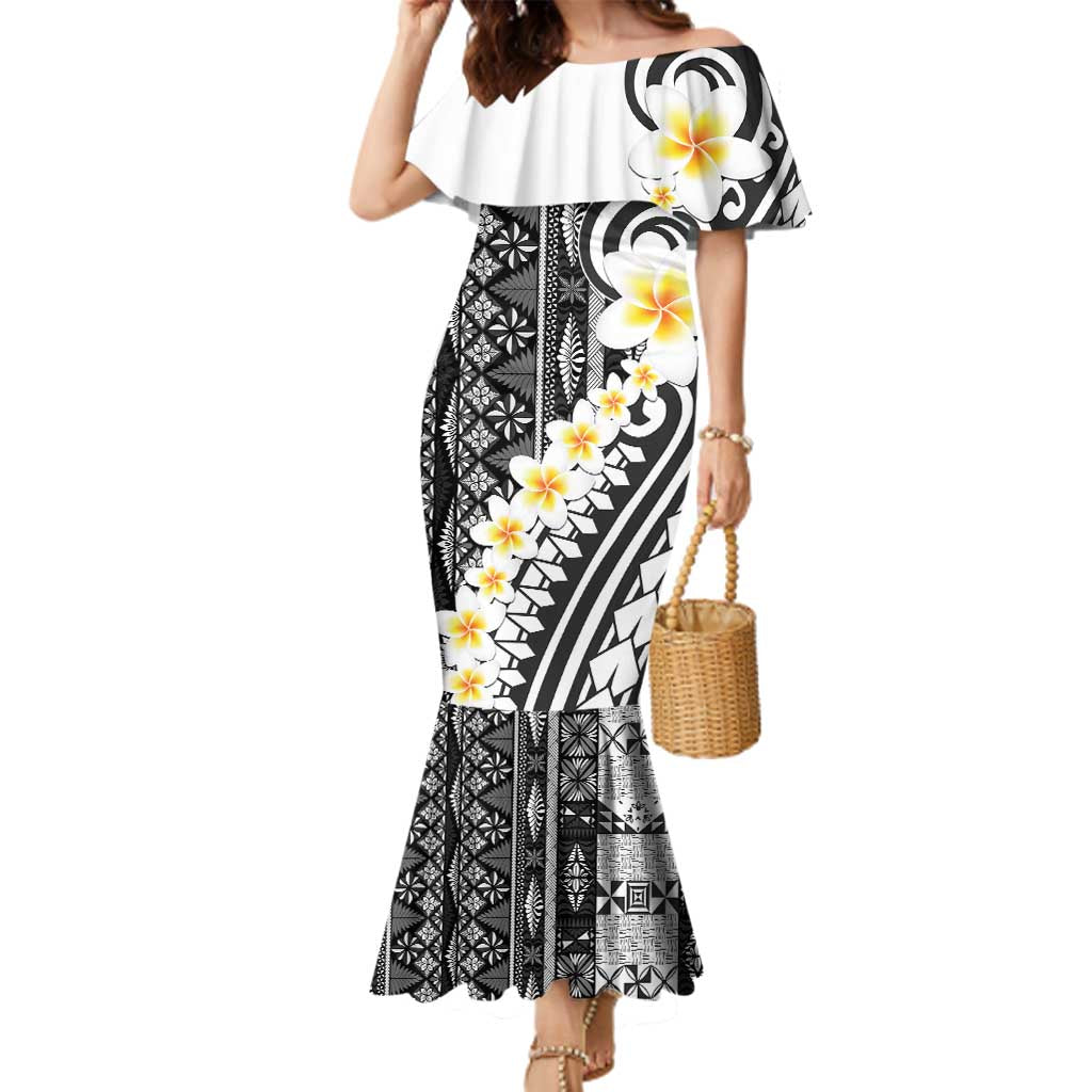 Black Vintage Tonga Ngatu Pattern With Plumeria Family Matching Mermaid Dress and Hawaiian Shirt LT05 Mom's Dress Black - Polynesian Pride