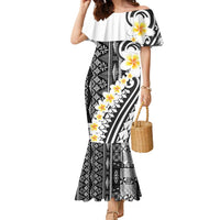 Black Vintage Tonga Ngatu Pattern With Plumeria Family Matching Mermaid Dress and Hawaiian Shirt LT05 Mom's Dress Black - Polynesian Pride