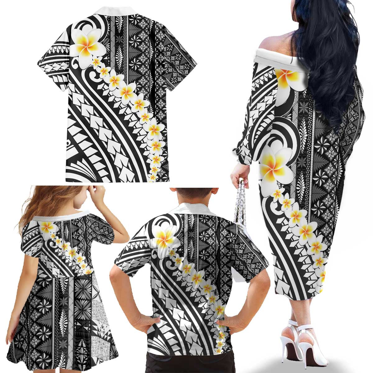 Black Vintage Tonga Ngatu Pattern With Plumeria Family Matching Off The Shoulder Long Sleeve Dress and Hawaiian Shirt LT05 - Polynesian Pride