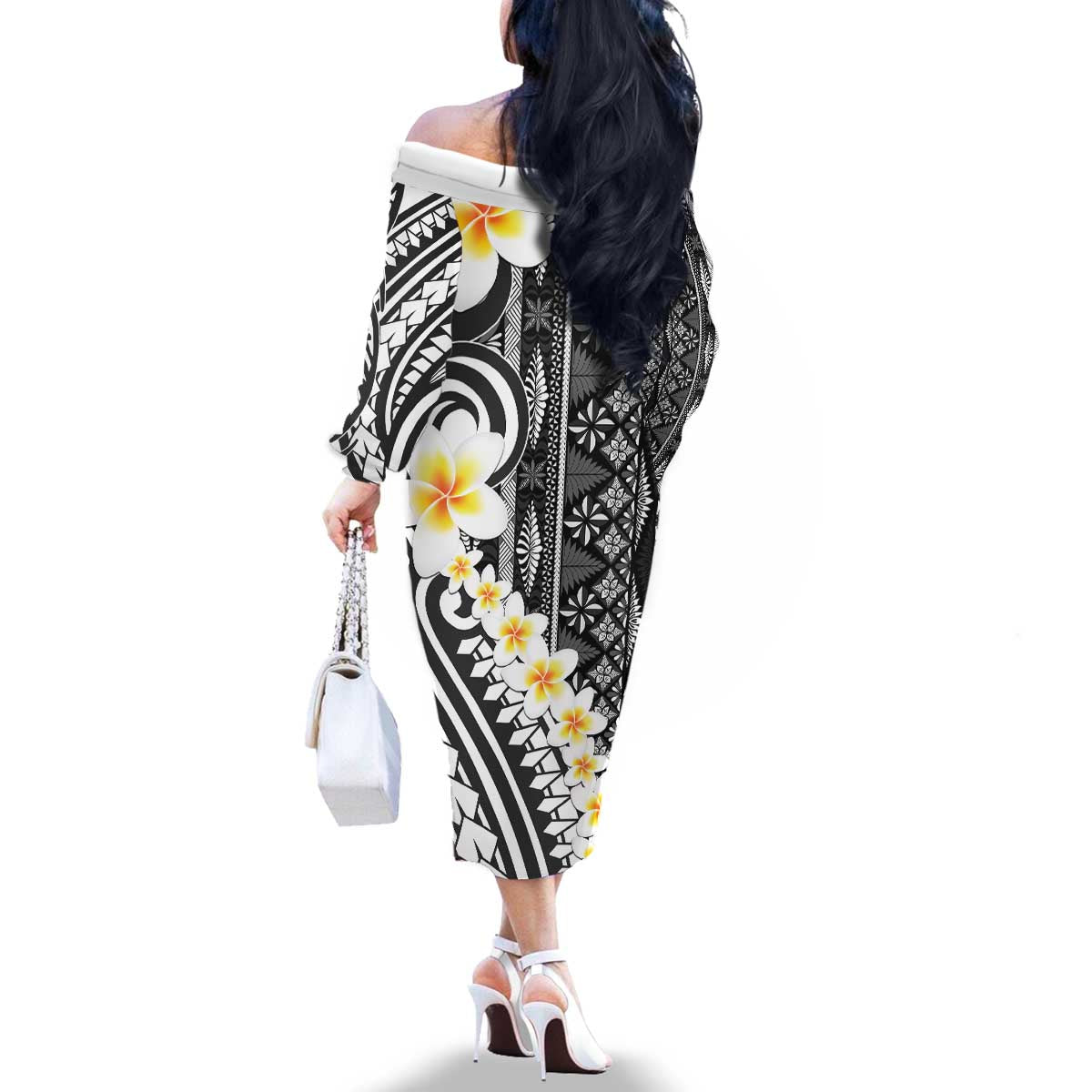 Black Vintage Tonga Ngatu Pattern With Plumeria Family Matching Off The Shoulder Long Sleeve Dress and Hawaiian Shirt LT05 - Polynesian Pride