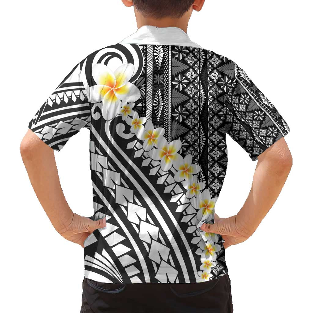 Black Vintage Tonga Ngatu Pattern With Plumeria Family Matching Off Shoulder Short Dress and Hawaiian Shirt LT05 - Polynesian Pride
