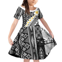 Black Vintage Tonga Ngatu Pattern With Plumeria Family Matching Off Shoulder Short Dress and Hawaiian Shirt LT05 Daughter's Dress Black - Polynesian Pride