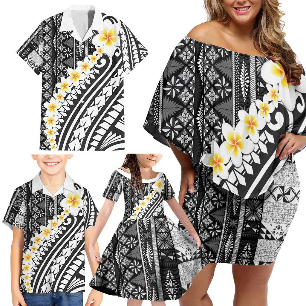 Black Vintage Tonga Ngatu Pattern With Plumeria Family Matching Off Shoulder Short Dress and Hawaiian Shirt LT05 - Polynesian Pride