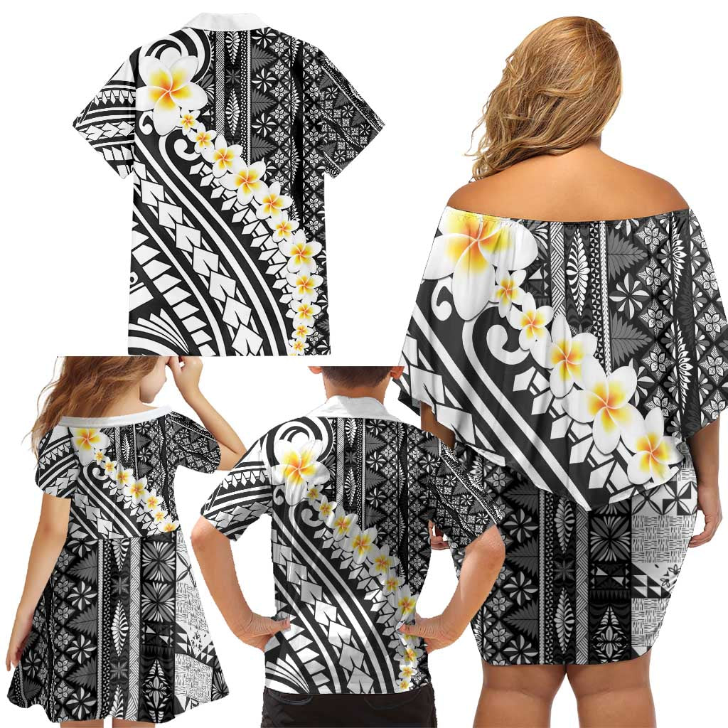 Black Vintage Tonga Ngatu Pattern With Plumeria Family Matching Off Shoulder Short Dress and Hawaiian Shirt LT05 - Polynesian Pride