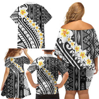 Black Vintage Tonga Ngatu Pattern With Plumeria Family Matching Off Shoulder Short Dress and Hawaiian Shirt LT05 - Polynesian Pride