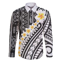 Black Vintage Tonga Ngatu Pattern With Plumeria Family Matching Off Shoulder Short Dress and Hawaiian Shirt LT05 Dad's Shirt - Long Sleeve Black - Polynesian Pride