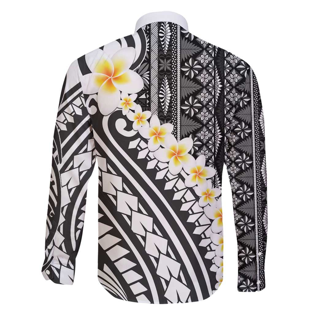 Black Vintage Tonga Ngatu Pattern With Plumeria Family Matching Off Shoulder Short Dress and Hawaiian Shirt LT05 - Polynesian Pride