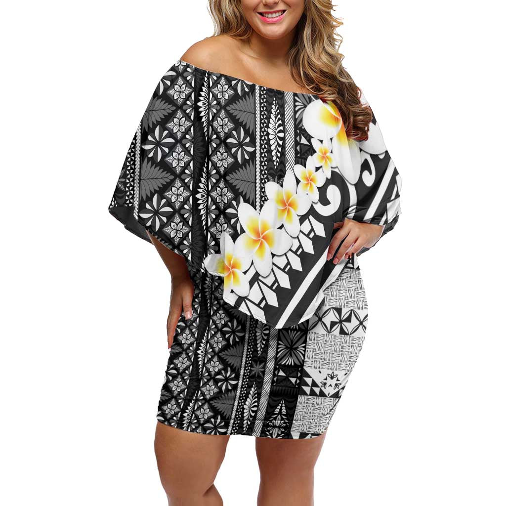 Black Vintage Tonga Ngatu Pattern With Plumeria Family Matching Off Shoulder Short Dress and Hawaiian Shirt LT05 Mom's Dress Black - Polynesian Pride