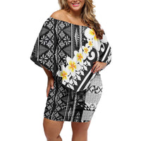Black Vintage Tonga Ngatu Pattern With Plumeria Family Matching Off Shoulder Short Dress and Hawaiian Shirt LT05 Mom's Dress Black - Polynesian Pride
