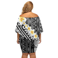 Black Vintage Tonga Ngatu Pattern With Plumeria Family Matching Off Shoulder Short Dress and Hawaiian Shirt LT05 - Polynesian Pride