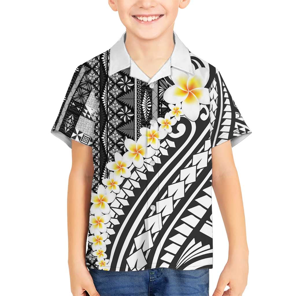 Black Vintage Tonga Ngatu Pattern With Plumeria Family Matching Off Shoulder Short Dress and Hawaiian Shirt LT05 Son's Shirt Black - Polynesian Pride