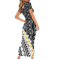 Black Vintage Tonga Ngatu Pattern With Plumeria Family Matching Short Sleeve Bodycon Dress and Hawaiian Shirt LT05 - Polynesian Pride